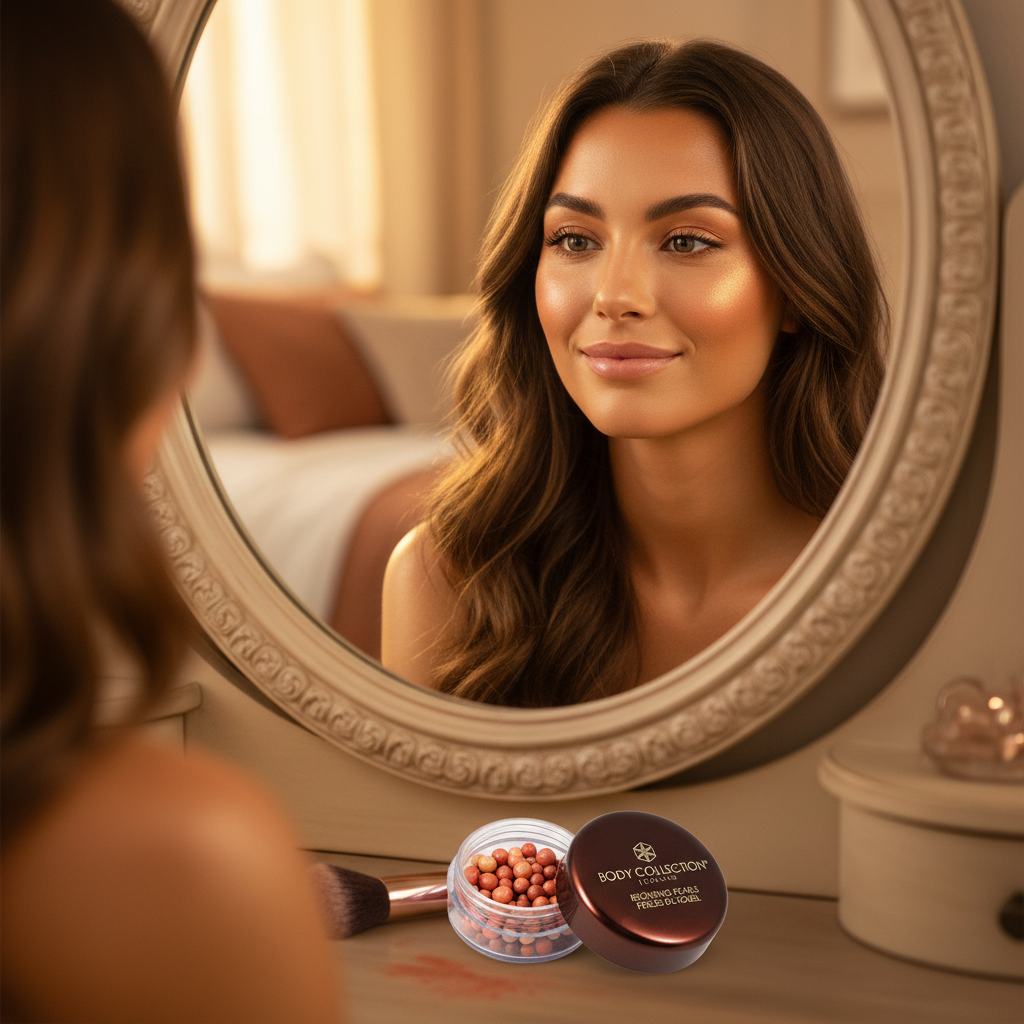 Woman with beautifully bronzed glowing cheekbones — outcome shot showing the sun-kissed result of Body Collection Bronzing Pearls