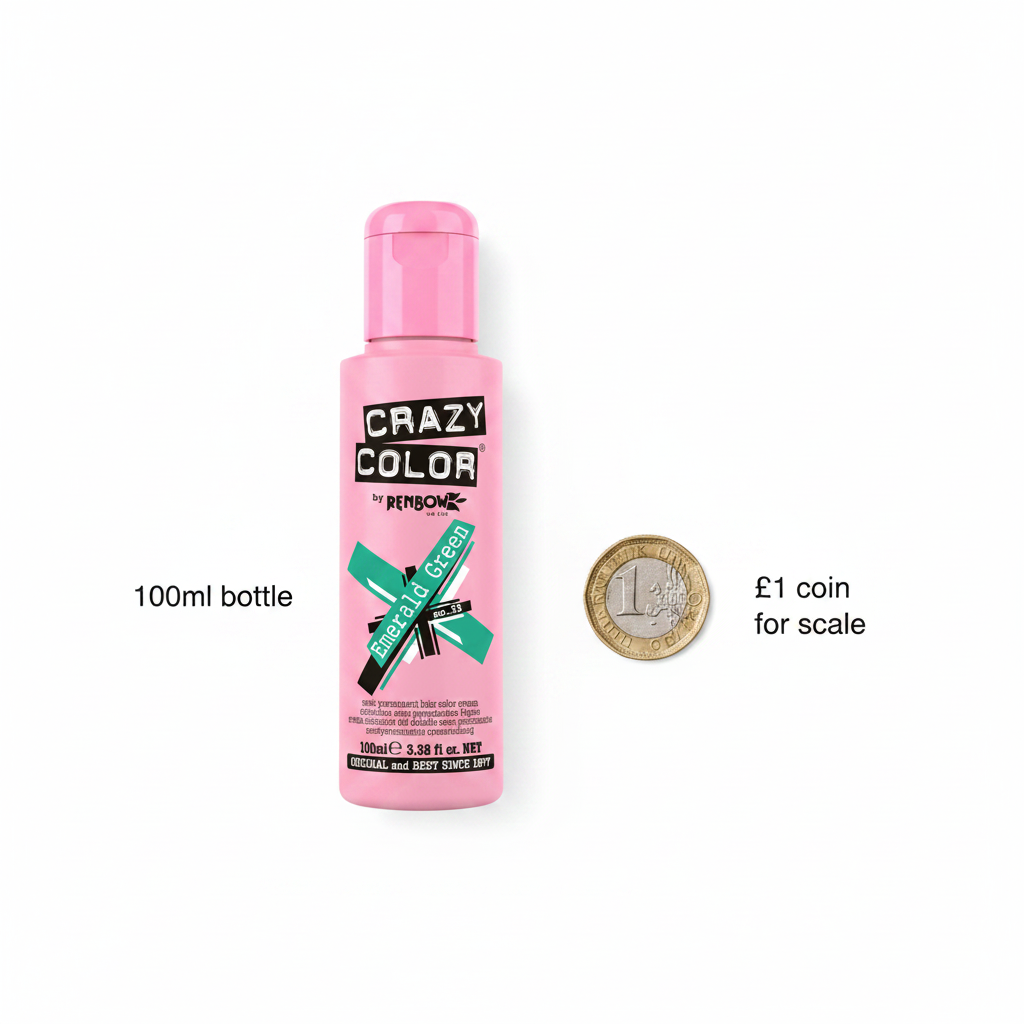 Crazy Color Emerald Green Hair Dye 100ml flat lay beside UK £1 coin showing product size