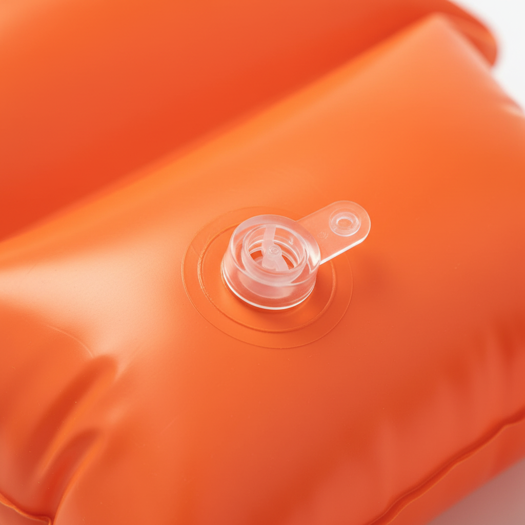 Close-up macro detail of orange PVC surface and inflation valve on Intex swim arm band