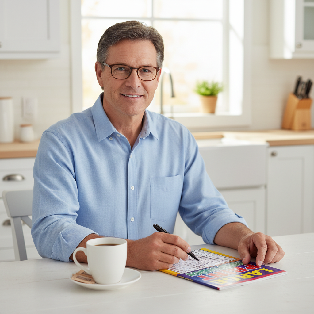 Man relaxing at kitchen table with a coffee doing an A5 Large Print Word Search Book