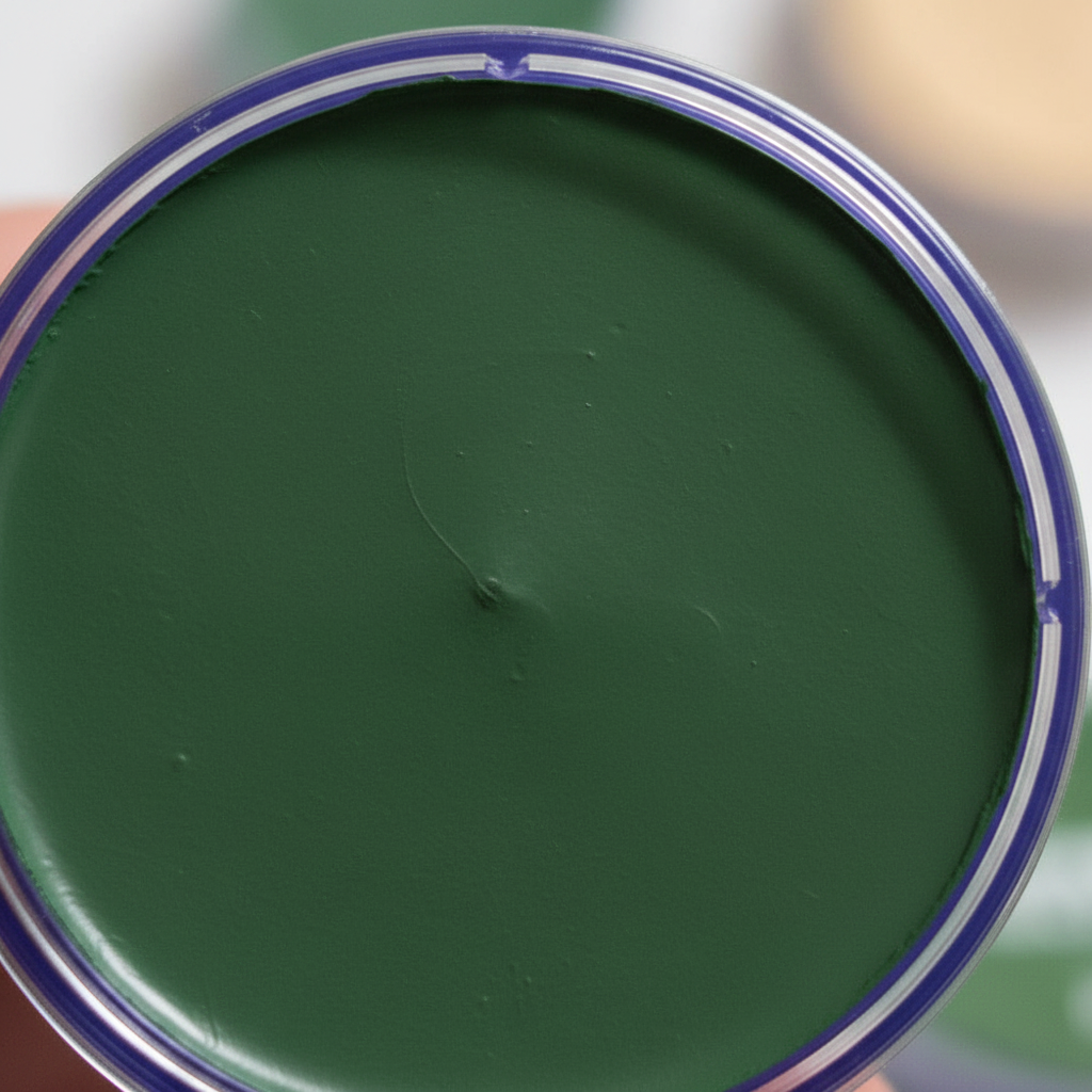 Extreme macro close-up of Snazaroo dark green face paint surface showing rich pigment texture and smooth creamy finish