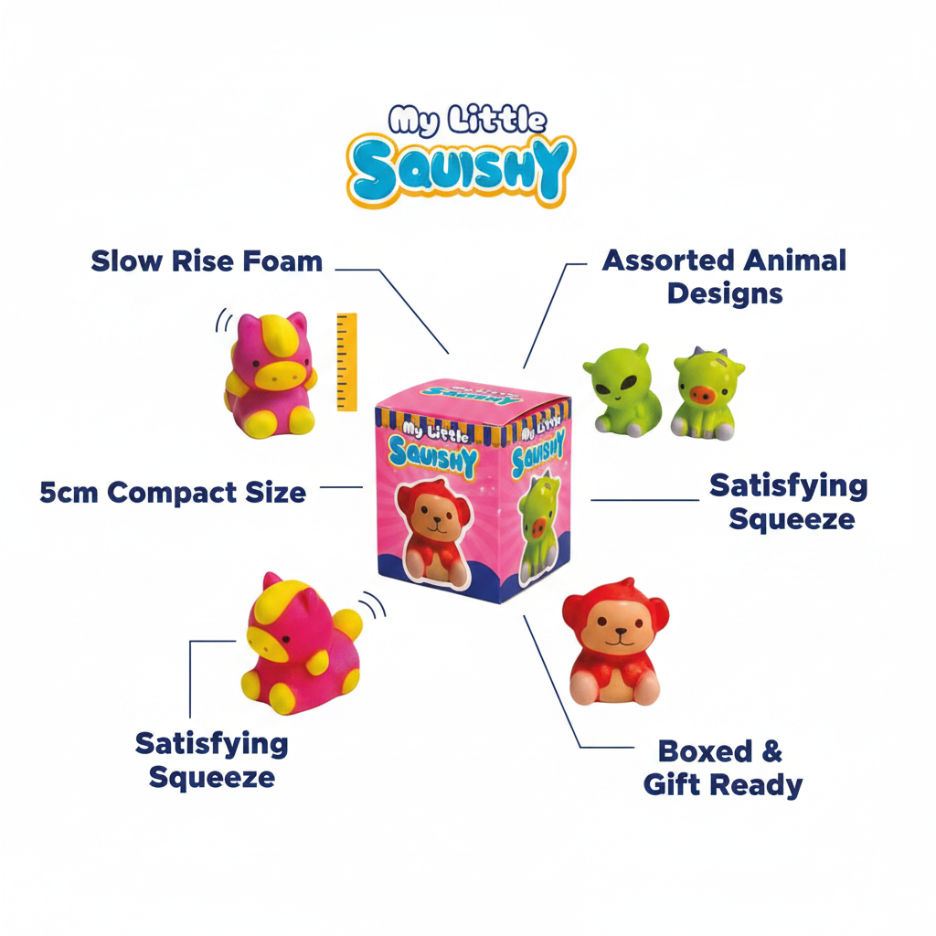Slow rise squishy animal toy feature infographic showing slow rise foam, 5cm size, assorted designs, boxed packaging and squeeze fun callouts