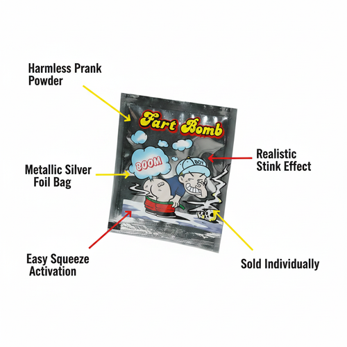 Henbrandt Silver Fart Bomb Bag feature infographic with callout labels: Harmless Prank Powder, Metallic Silver Foil Bag, Easy Squeeze Activation, Realistic Stink Effect, Sold Individually