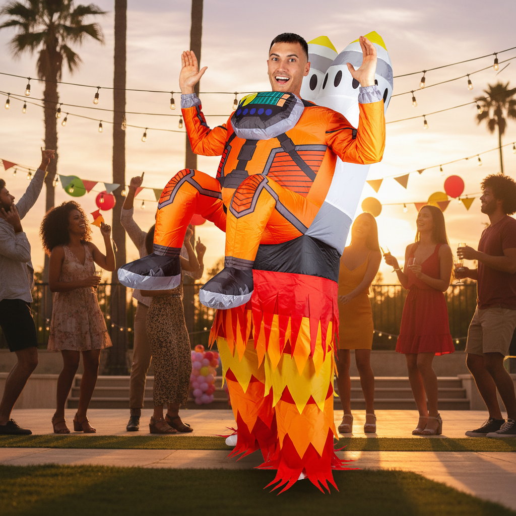 Man wearing Inflatable Rocket Man costume at a golden hour outdoor party — aspirational lifestyle