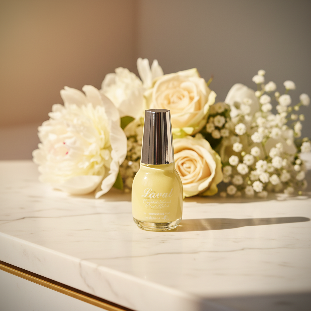 Laval Crystal Finish Nail Polish pastel yellow on white marble vanity with golden hour light and soft spring flowers, luxury beauty lifestyle