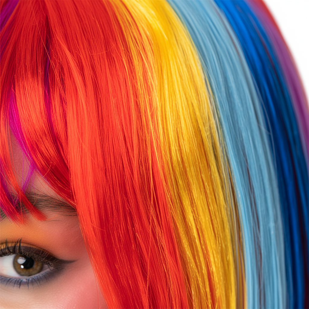 Extreme close-up macro of rainbow multi colour synthetic wig fibres showing texture and quality