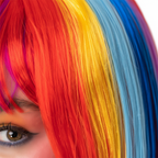 Extreme close-up macro of rainbow multi colour synthetic wig fibres showing texture and quality
