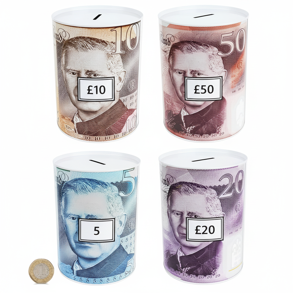 King Charles novelty saving tin all four designs flat lay with pound coin for size reference showing £5 £10 £20 £50 banknote tins