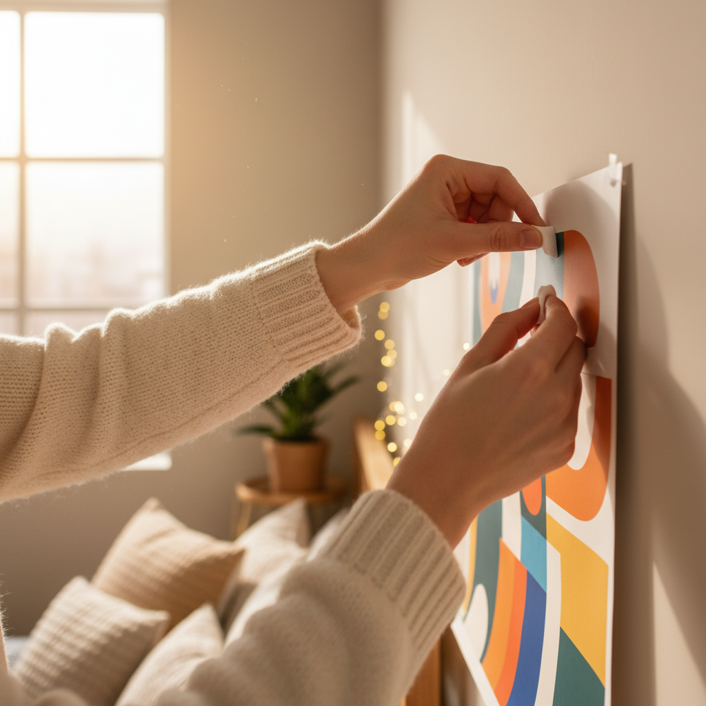 Person using White Tack 50g to mount colorful poster on bedroom wall