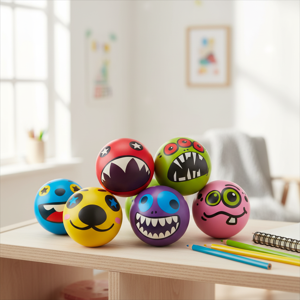 Six monster squishy PU balls arranged on a light wooden surface in a bright Scandinavian-style children's playroom with natural window light