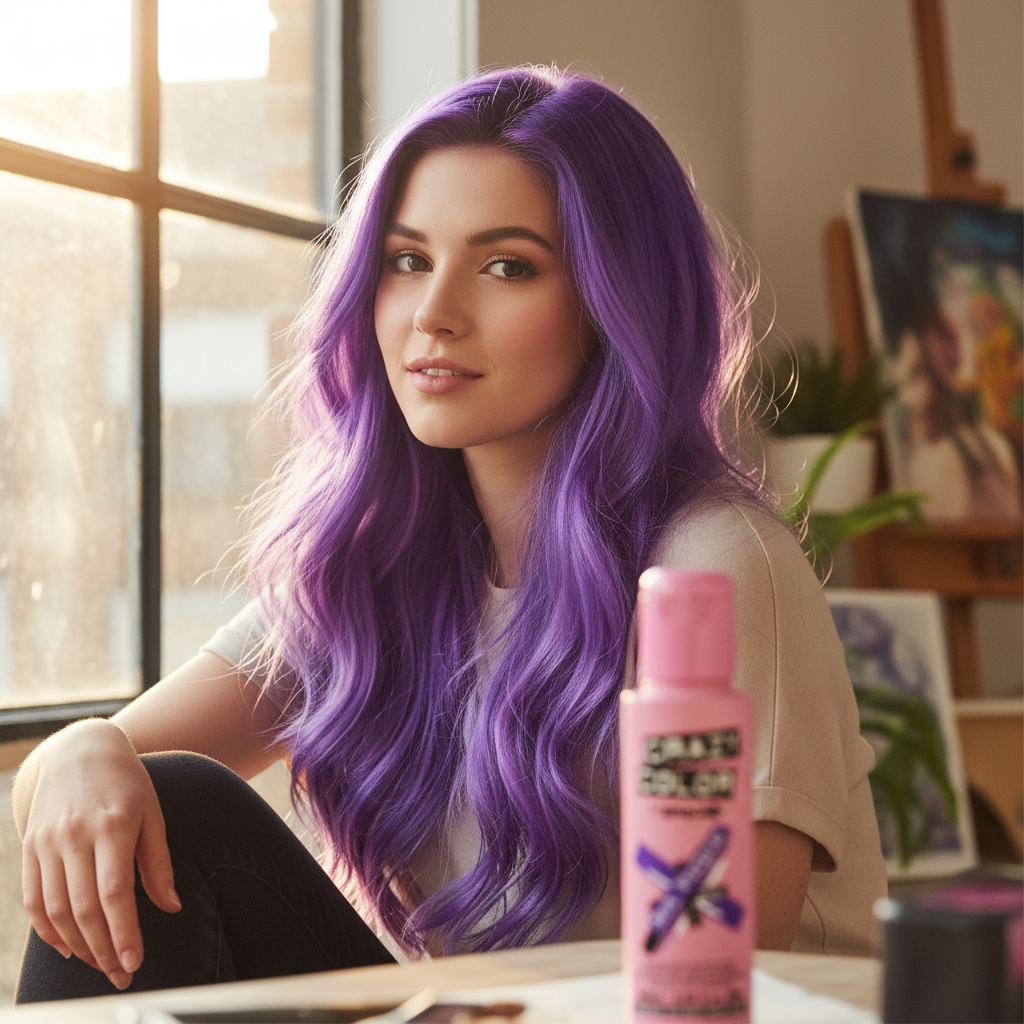 Woman with vibrant electric purple hair in golden hour light with Crazy Color Hot Purple hair dye bottle