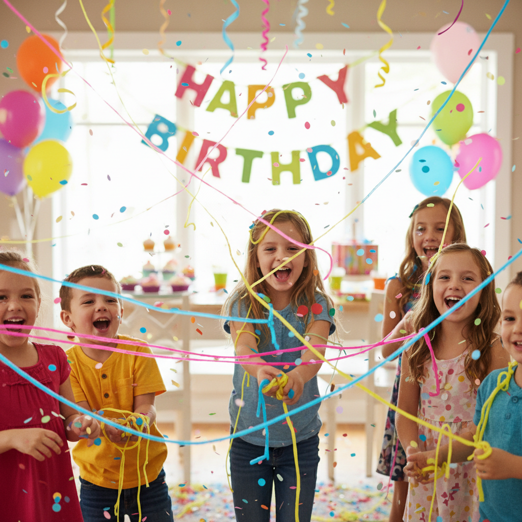 Children spraying silly string at a birthday party, laughing and having fun