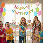 Children spraying silly string at a birthday party, laughing and having fun