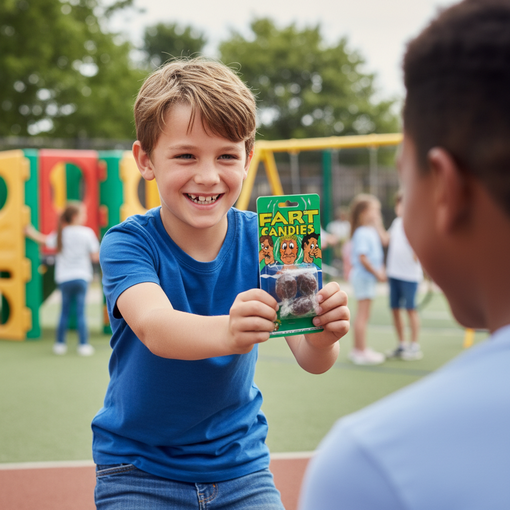 Mischievous boy holding out Funnyman Fart Candies prank packaging with cheeky grin at school playground
