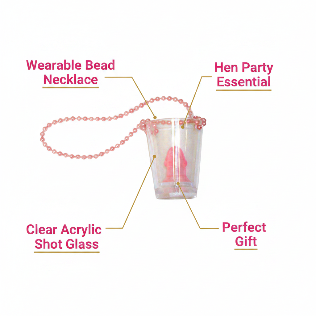 Product infographic of willy shot glass on pink bead necklace with callout labels highlighting key features on white background