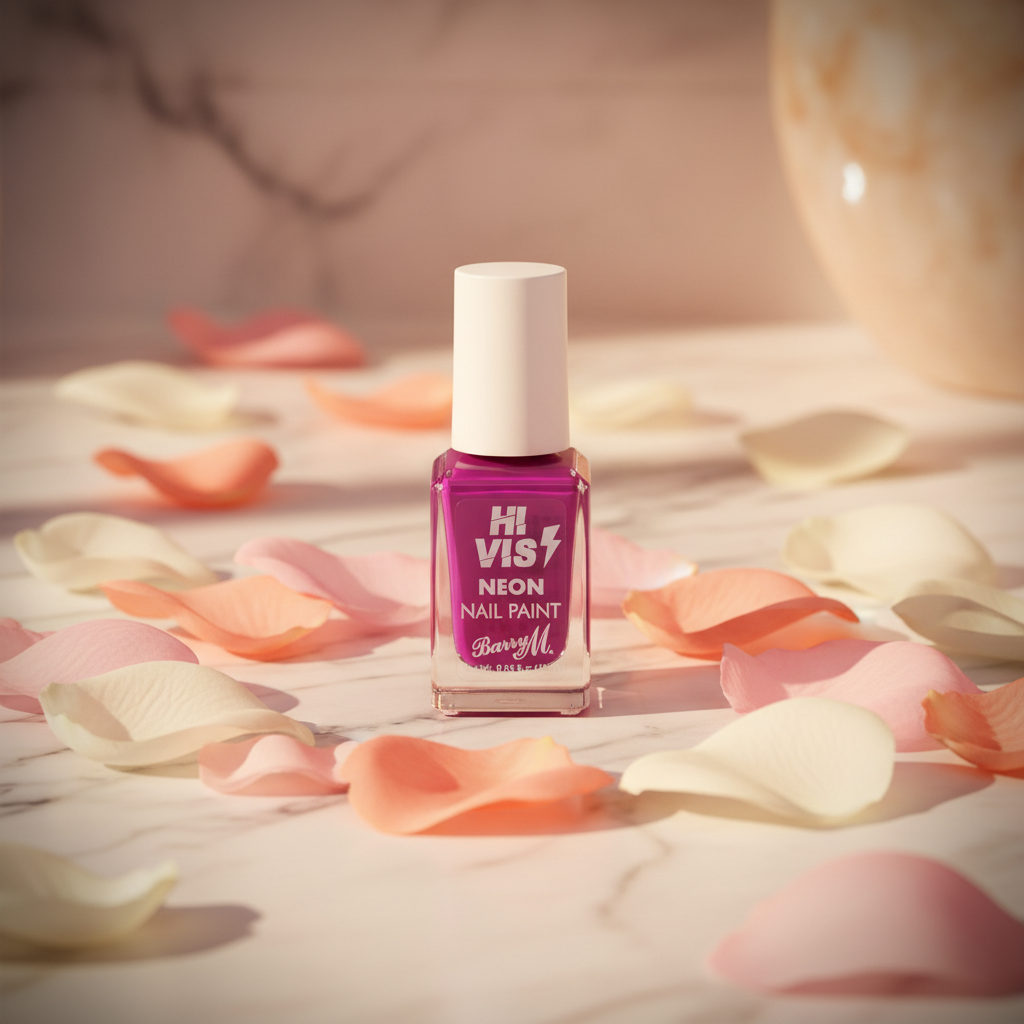 Barry M Hi-Vis Neon Nail Paint Fearless Purple 243 – aspirational beauty scene on marble vanity with golden-hour warm light and rose petals