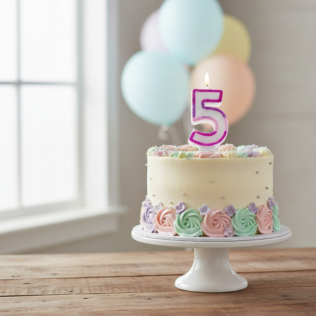 Pink glitter number 5 birthday candle on decorated birthday cake at party table, natural window light, pastel balloons in background