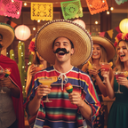 Friends at a Mexican themed fancy dress party wearing black bandit moustache costume accessory