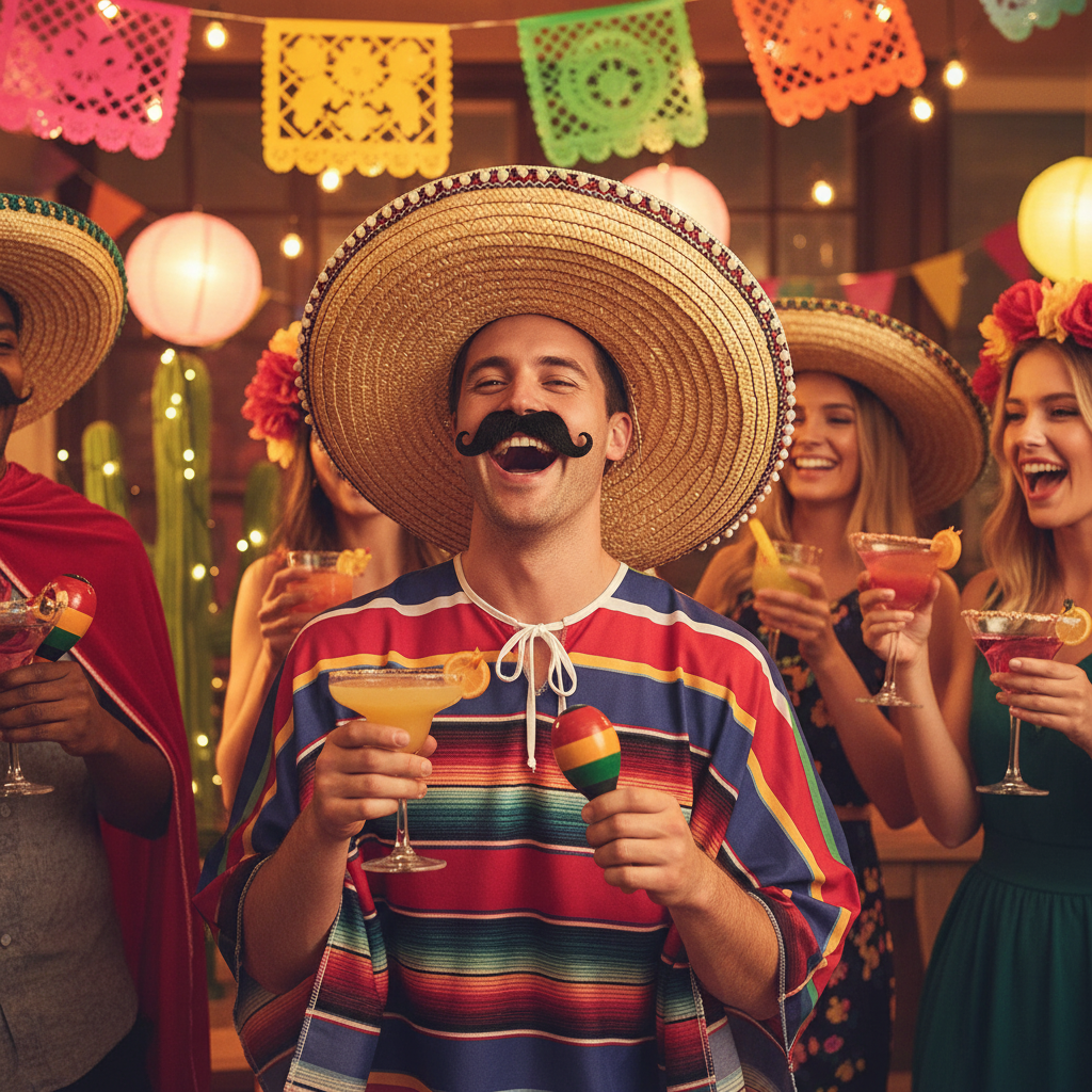 Friends at a Mexican themed fancy dress party wearing black bandit moustache costume accessory