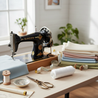 Beautifully organized sewing station featuring white cotton thread reel with vintage sewing machine and premium crafting supplies