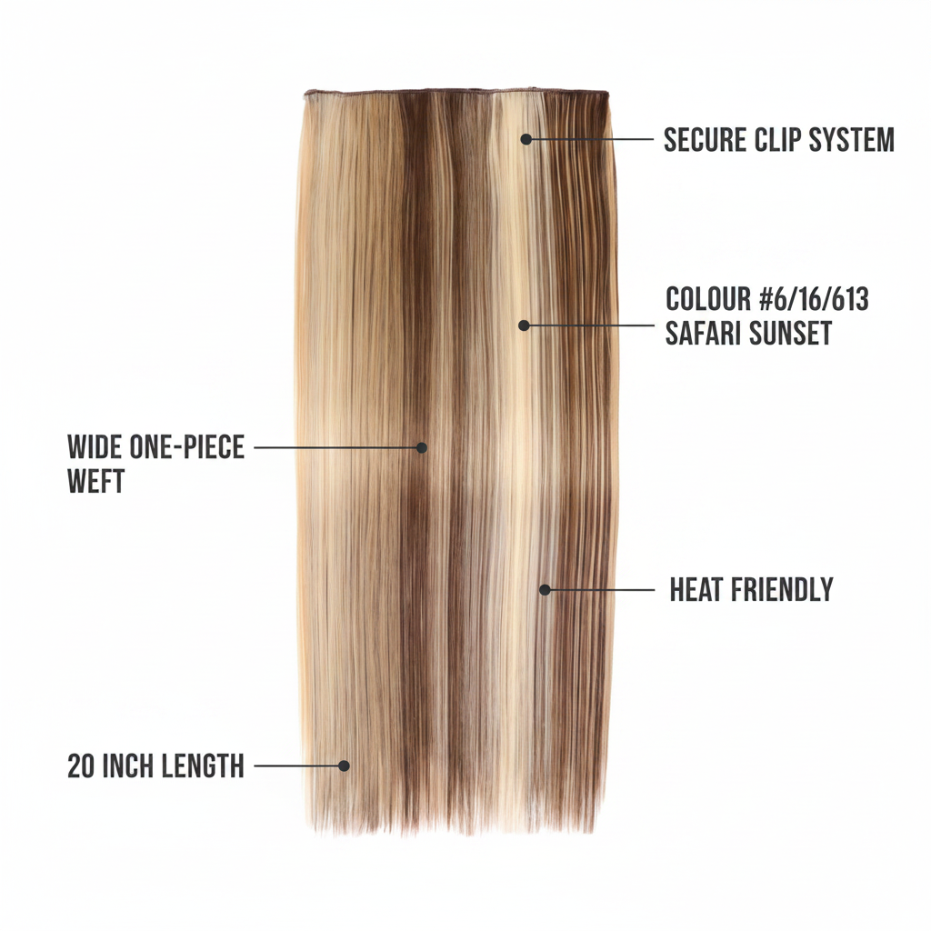 Feature infographic for 20 inch clip-in hair extension Safari Sunset showing key benefits including length, weft width, clip system and heat-friendly properties