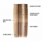 Feature infographic for 20 inch clip-in hair extension Safari Sunset showing key benefits including length, weft width, clip system and heat-friendly properties