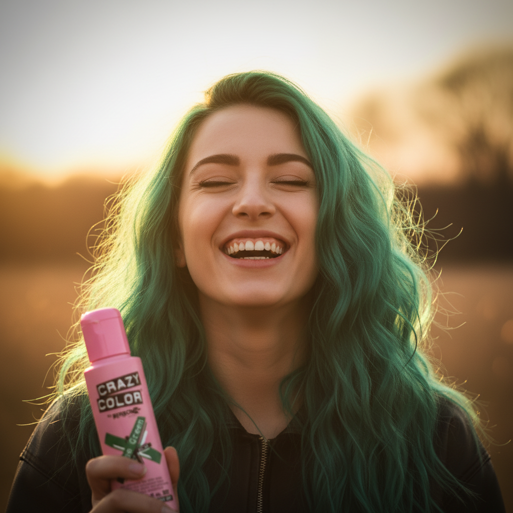 Woman with vibrant pine green hair laughing in golden hour light holding Crazy Color Pine Green hair dye