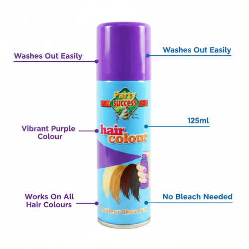Party Success Purple Hair Colour Spray infographic showing key features: washes out easily, 125ml, works on all hair colours