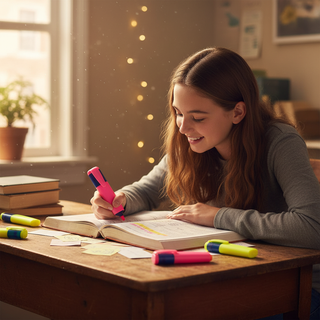 Teenage girl using chunky highlighter pens to highlight revision notes in a cosy bedroom study setup