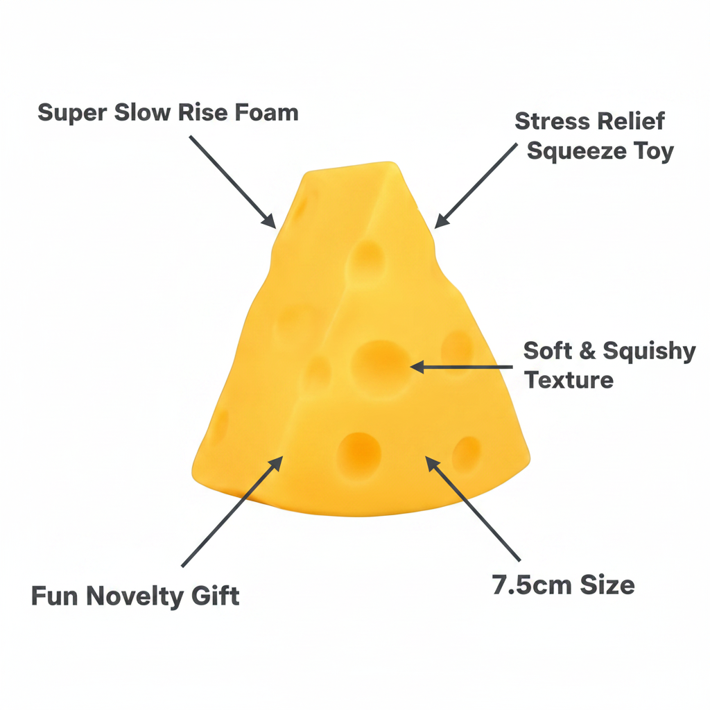 Large squishy triangle cheese 7.5cm infographic showing slow rise foam, size, stress relief and novelty gift features