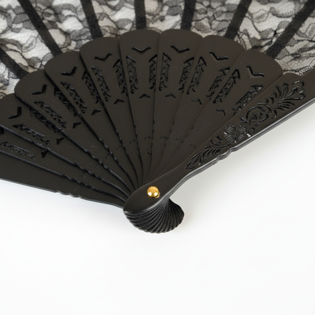 Black wooden handle and gold pivot pin detail of black lace hand fan