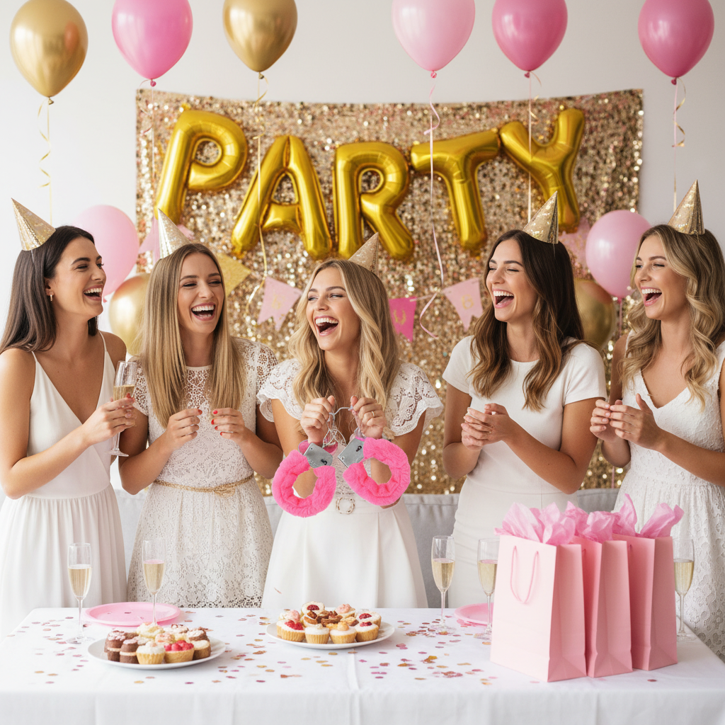 Women celebrating at a hen party with pink fur novelty handcuffs