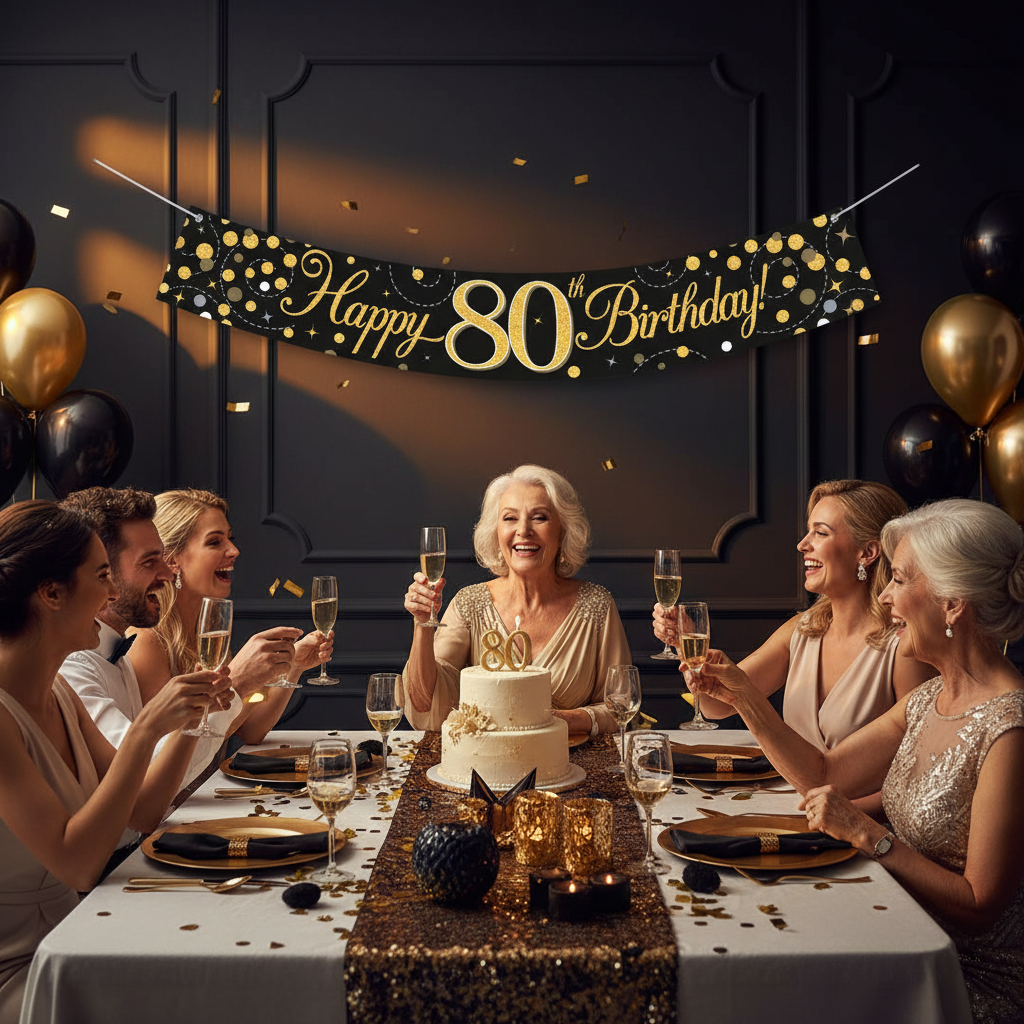80th birthday party celebration with Sparkling Fizz banner displayed above party table with guests