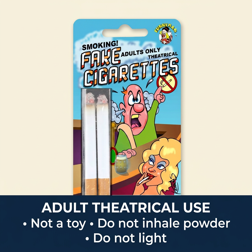 Funnyman fake cigarettes with adult theatrical use, no inhaling powder and do not light reminders.