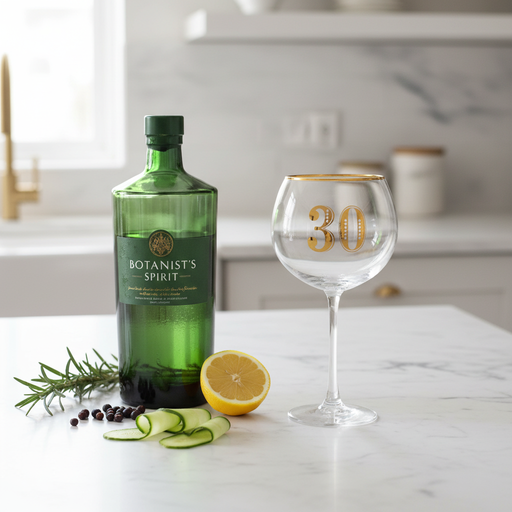 Art Deco 30th Birthday Gin Glass on marble countertop with premium gin bottle and botanicals in natural window light