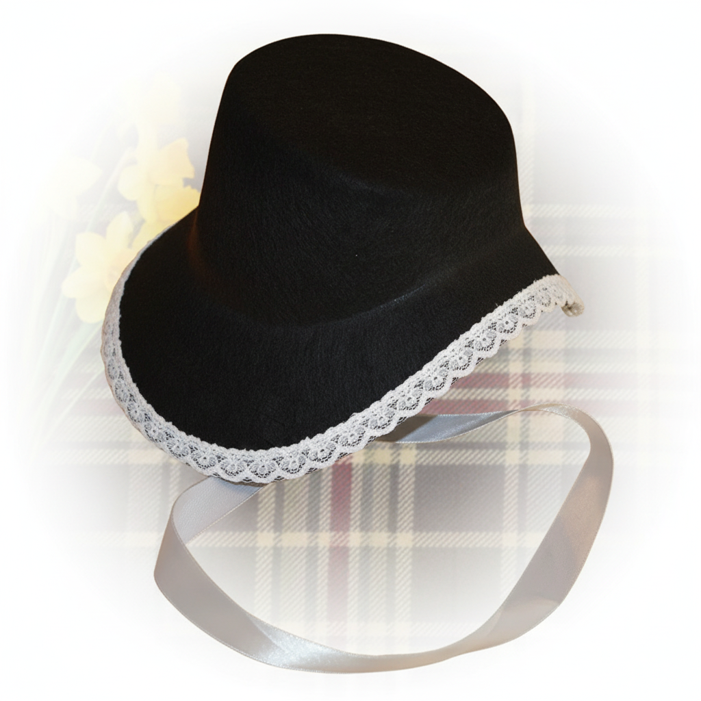 Traditional Welsh cockle-shell bonnet hat with black fabric and white lace trim on elegant background with daffodils