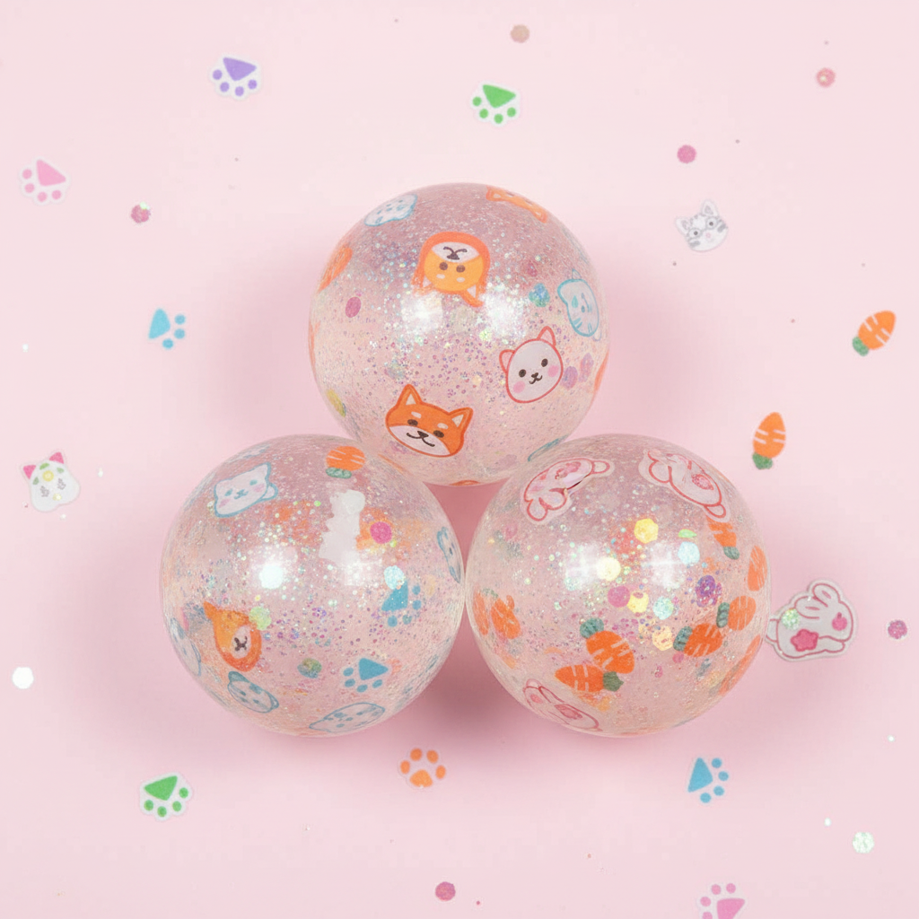 Scrunchems Pets Diddy Squish Stress Balls Pack of 3 arranged on pastel pink background with paw prints and glitter confetti