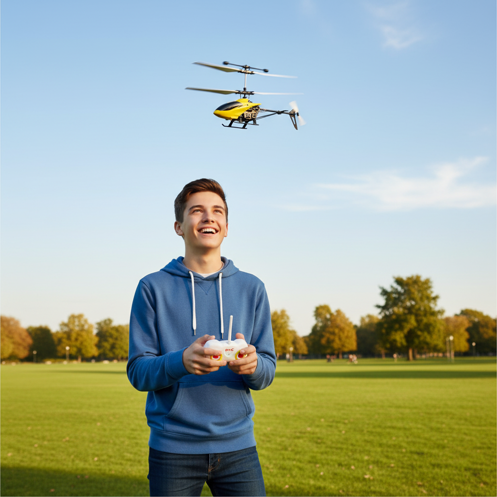 Teenager flying mini RC helicopter in park with remote controller - lifestyle image