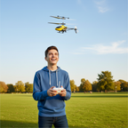 Teenager flying mini RC helicopter in park with remote controller - lifestyle image