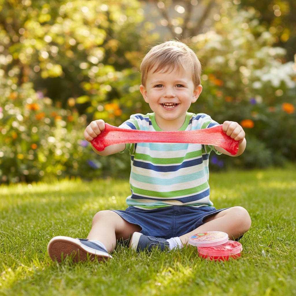 Young child playing with bouncing putty outdoors in sunny garden