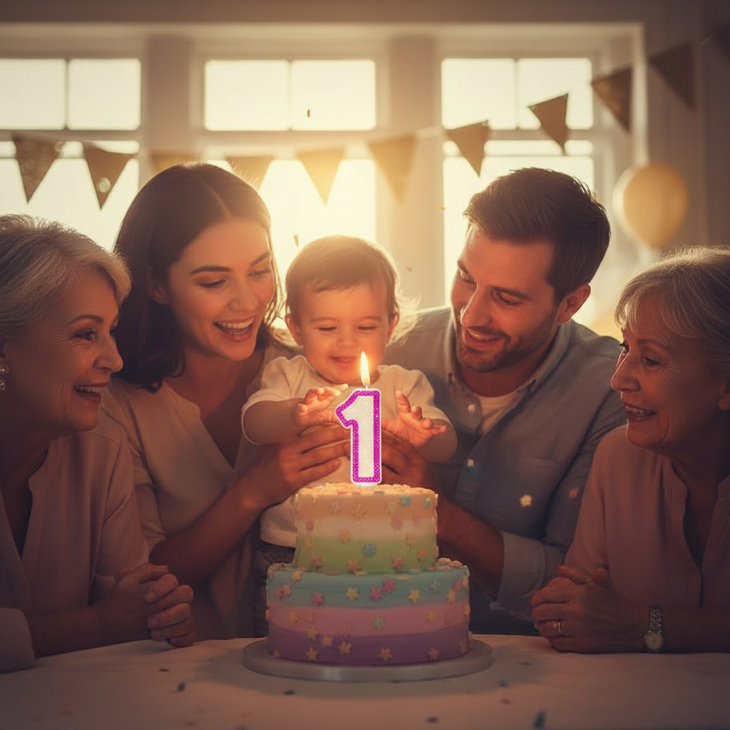 Emotional first birthday celebration scene with pink glitter number 1 candle glowing in golden hour light