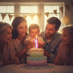 Emotional first birthday celebration scene with pink glitter number 1 candle glowing in golden hour light