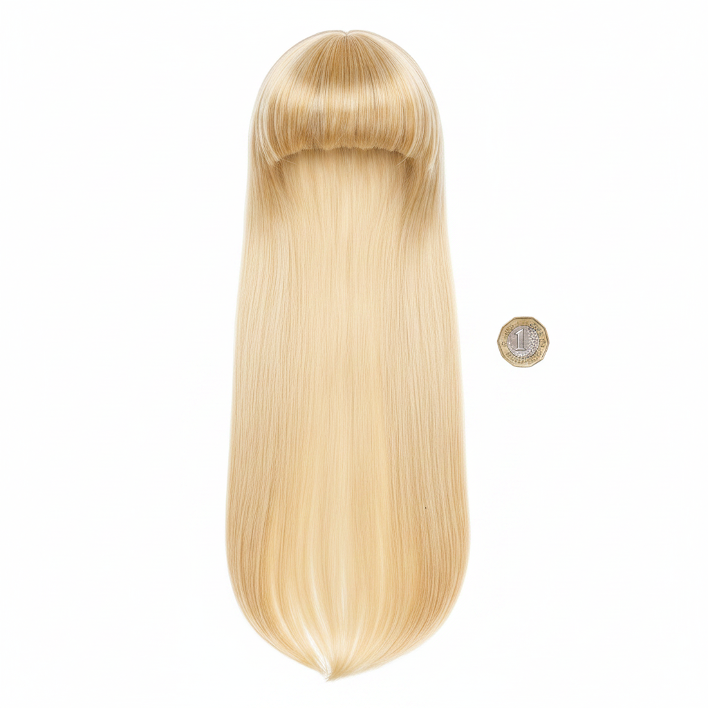 Flat lay of womens long straight golden blonde fringe wig on white background beside a pound coin to show scale and length