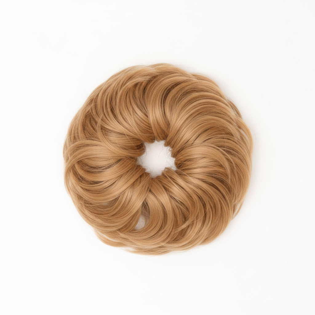 Flicky wavy scrunchie bun hairpiece in honey blonde shade 27 Honeysuckle on pure white background — Amazon and eBay hero shot