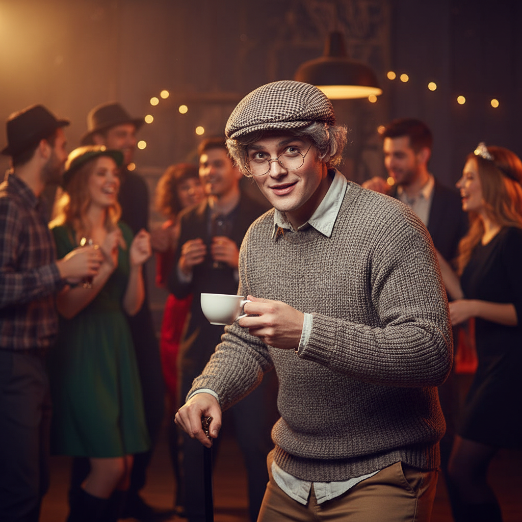 Person in old man fancy dress costume wearing faux tweed cap at costume party