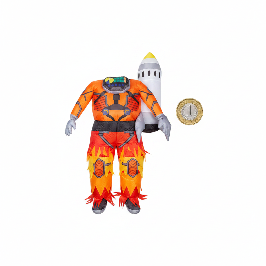 Inflatable Rocket Man costume beside a £1 coin on white background showing product size
