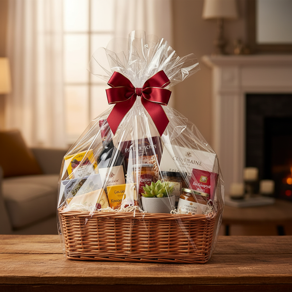 Finished gift hamper beautifully wrapped in clear cellophane with ribbon bow - professional result