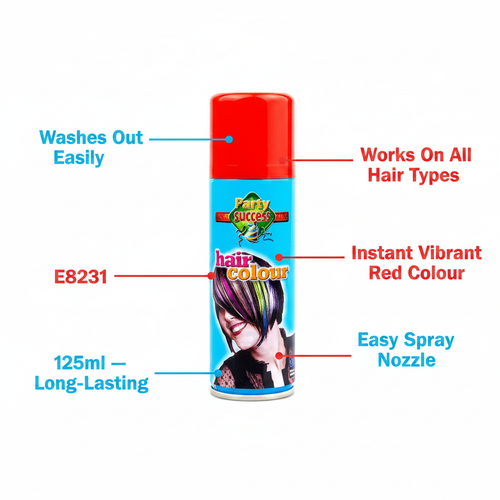 Party Success Red Temporary Hair Colour Spray 125ml - feature infographic with key product callouts