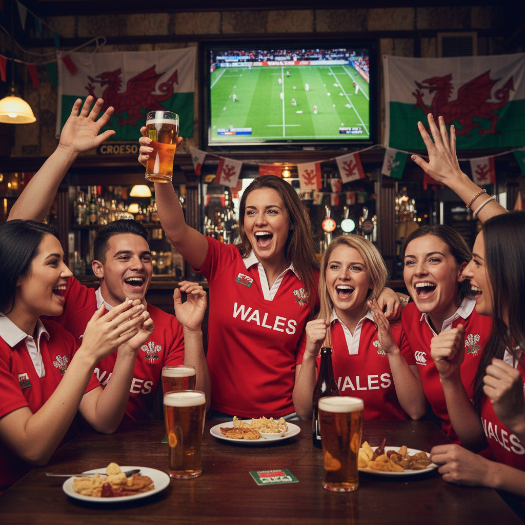 Ladies Wales rugby shirt worn at sports bar - Welsh pride lifestyle scene