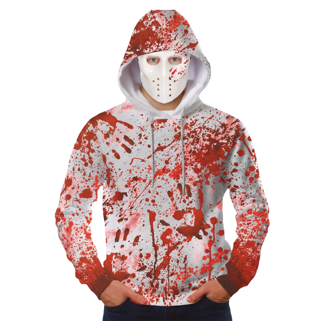 Adult wearing the white red-splattered Halloween hoodie and white mask against a white background.